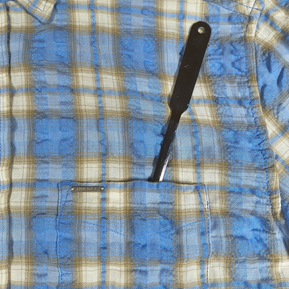 Diesel Shirt Mens Large Blue Plaid Seersucker Button Up Long Sleeve Lightweight - Picture 9 of 12